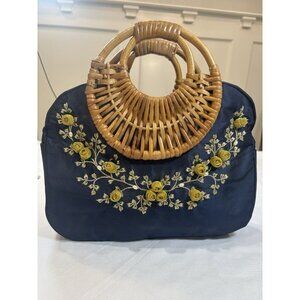 Nehas Cane Handle Blue Silk Floral Embroidered Handbag